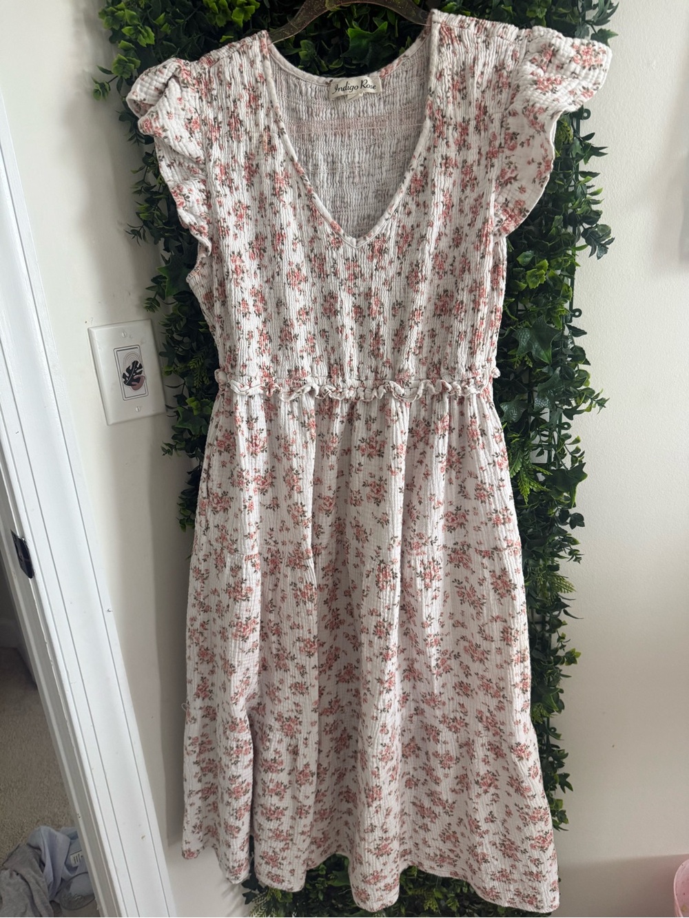 Smocked V-Neck Midi Dress in White with Pink Floral